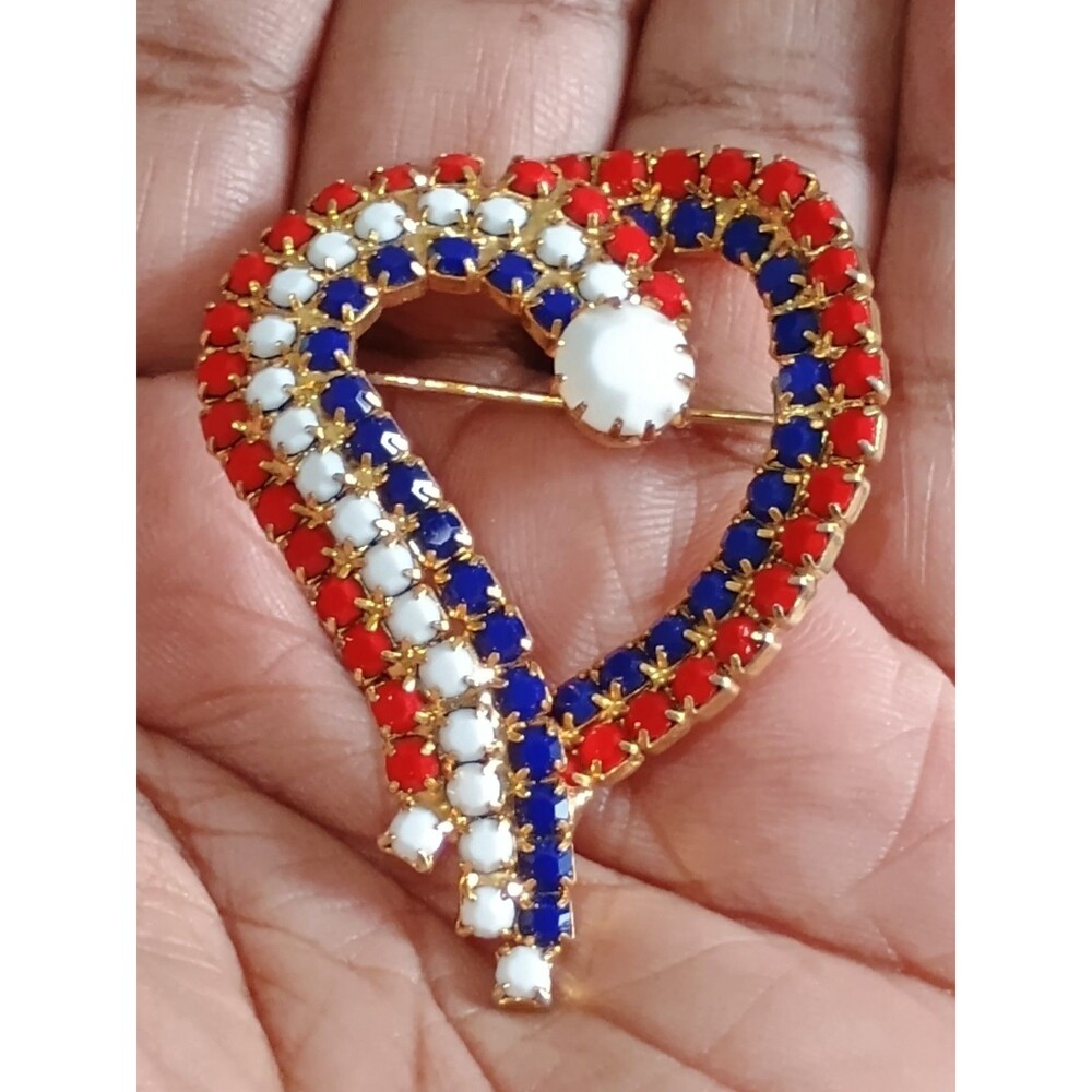 Patriotic Americana Red White Blue Rhinestone Heart Vintage Gold Tone Brooch